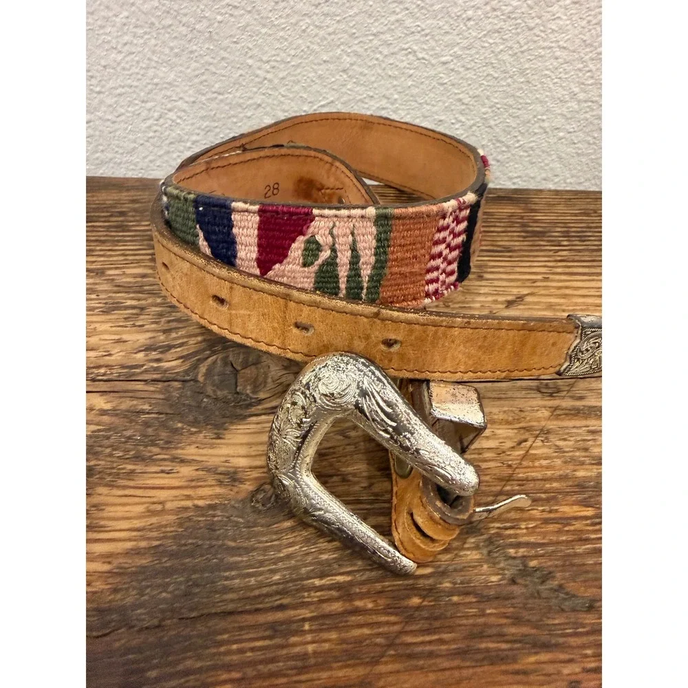 Circle Y of Yoakum Kids Western Leather Belt Woven Fabric Silver Buckle 28 8619
